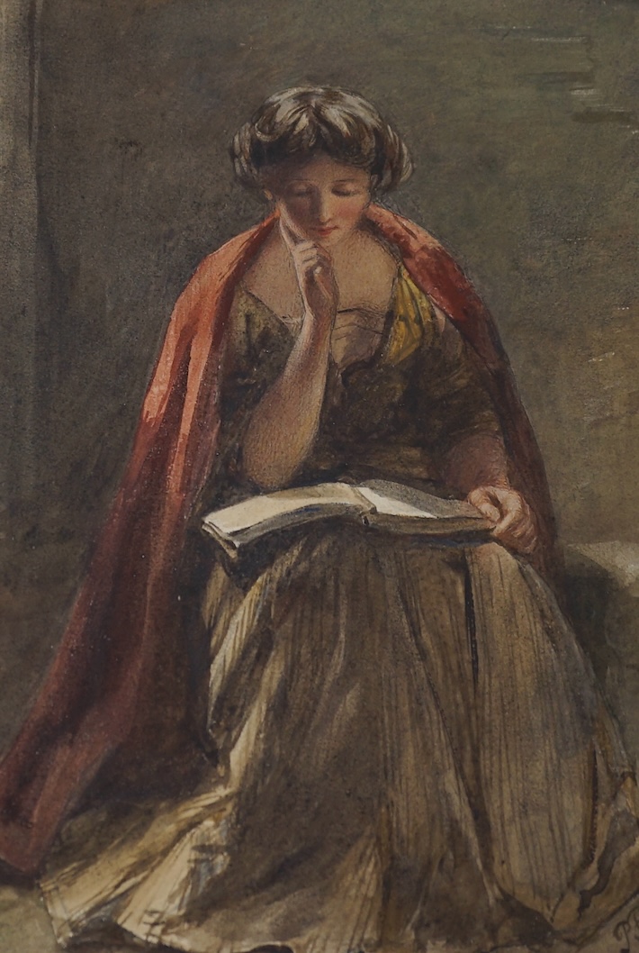 Late 19th century English School, Pre-Raphaelite watercolour, Seated girl reading, indistinctly monogrammed PFB?, 25 x 17cm. Condition - fair to good